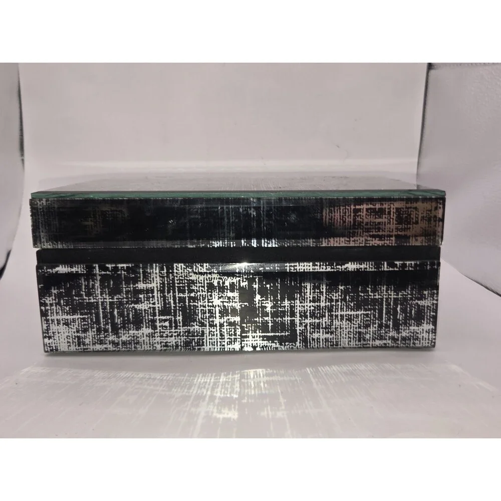 Vintage Glam Speckled Glass Trinket Box Beveled Panels Jewelry Box Silver Black